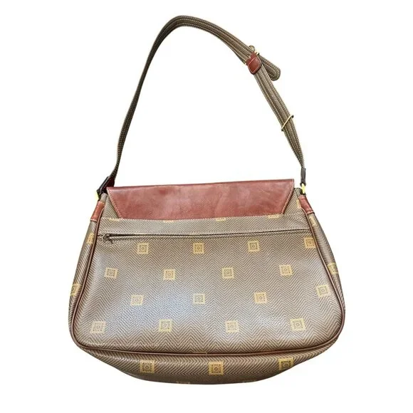 Texier Brown Leather & Green Coated Canvas Shoulder Bag Made in France - Picture 2 of 9